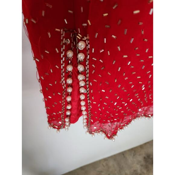 Vintage Swee Lo Red & White Sequin Pearls Embellished Red Silk sz QM - Picture 4 of 7